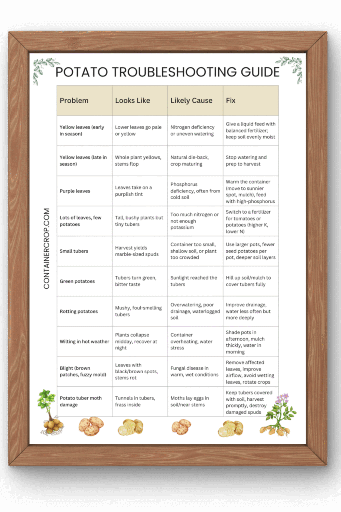 Potato Troubleshooting Guide in a wooden frame with illustrated potato plants. The chart lists common problems when growing potatoes in containers. Problems include yellow leaves (early and late), purple leaves, too many leaves with few potatoes, small tubers, green potatoes, rotting tubers, wilting in hot weather, blight, and potato tuber moth damage. Each row shows what it looks like, the likely cause, and the fix, such as improving drainage, adding fertilizer, hilling soil, shading pots, or removing diseased leaves.