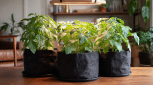 three potato plants growing indoors (Solanum tuberosum) growing in round black fabric grow bags on a tray, inside a room with a wooden floor, LED grow light