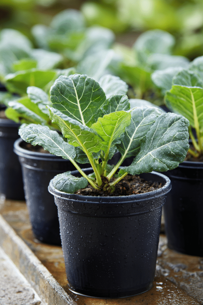 Bottom watering a young collard greens plant in a black plastic pot