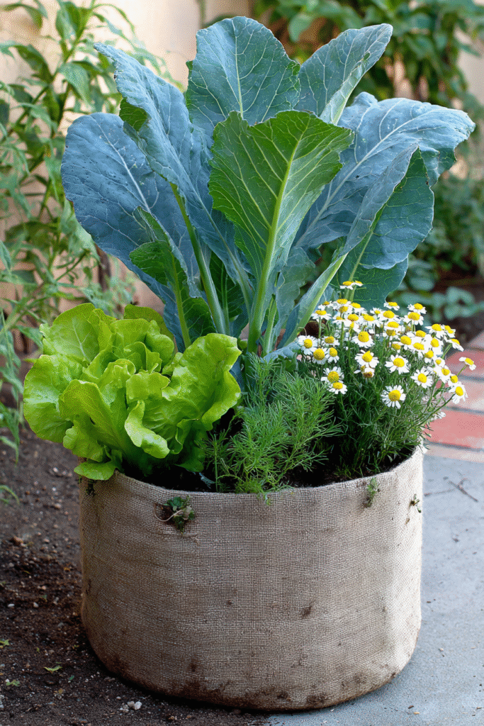 Collard greens growing in a fabric grow bag, companion planted with chamomile and lettuce plants