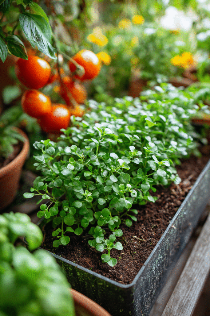 Purslane seedlings in a tray with tomatoes to show companion planting concept