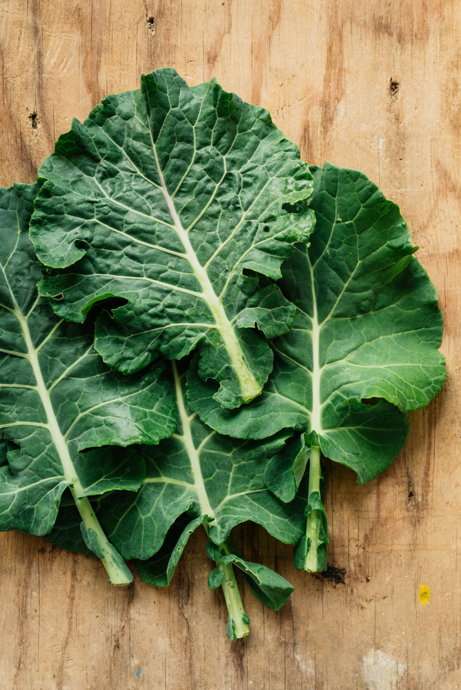 freshly harvested homegrown collard greens on a wooden chopping board